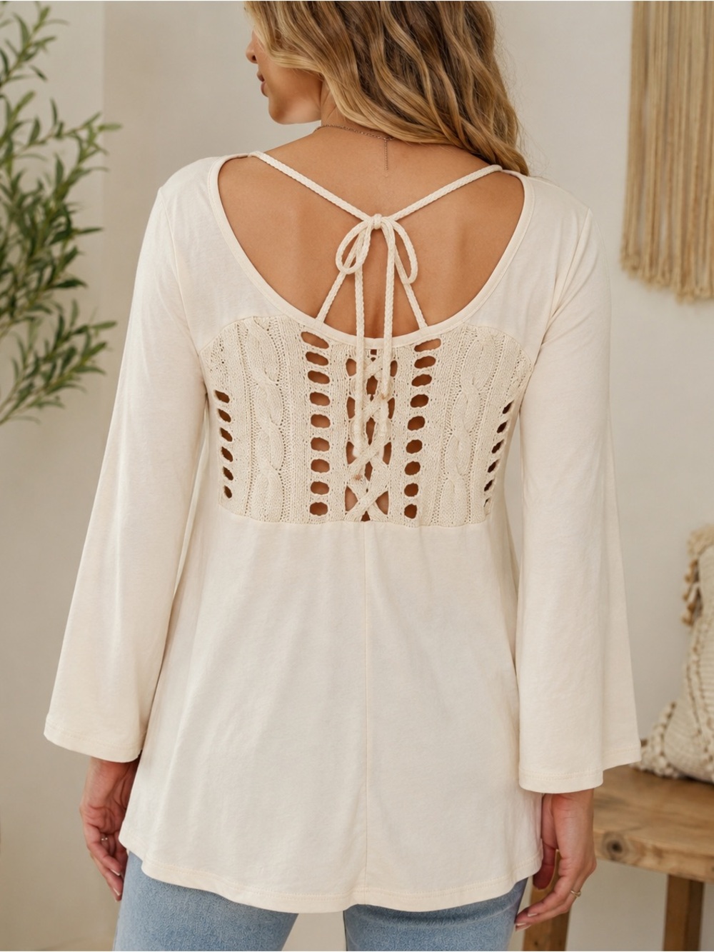 BKE Cream Crochet-Back Long Sleeve top